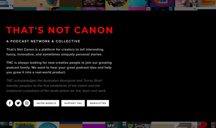That’s Not Canon homepage showcasing a podcast network for independent creators focused on storytelling and innovation.