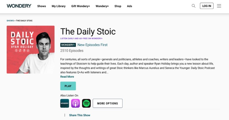 Screenshot of The Daily Stoic podcast page on Wondery featuring a daily segment to give your listeners a focused start to their day.