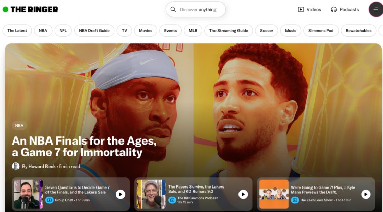 The Ringer homepage highlighting successful podcasts covering sports, NBA commentary, and pop culture discussions.
