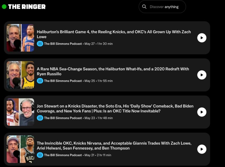 The Ringer's podcast interface featuring Bill Simmons and guests discussing each podcast topic through a hot take lightning round segment.