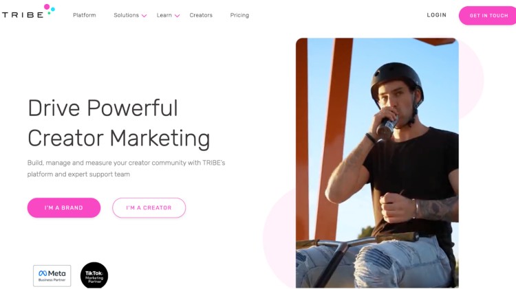 TRIBE homepage promoting creator marketing with tools to help creators scale their reach and monetize through brand partnerships.
