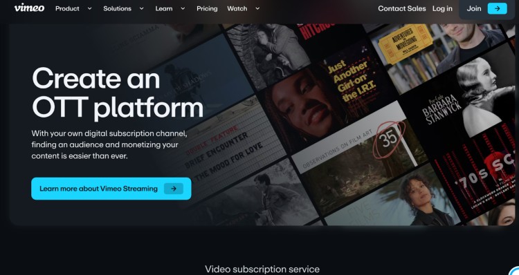 Vimeo OTT platform homepage for creators looking to monetize content through branded video subscription services.