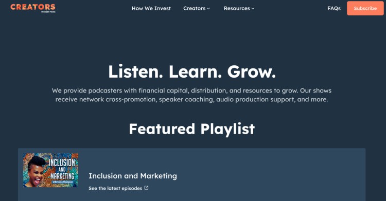 Homepage of a well-known podcast network featuring the Inclusion and Marketing show.