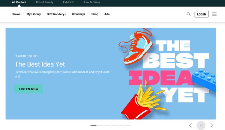 Wondery homepage promoting “The Best Idea Yet” series, highlighting pop culture podcasts that explore how viral ideas are made.