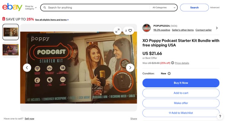 Screenshot of an eBay listing for the XO Poppy Podcast Starter Kit Bundle, showing three smiling women holding the kit and listed features.