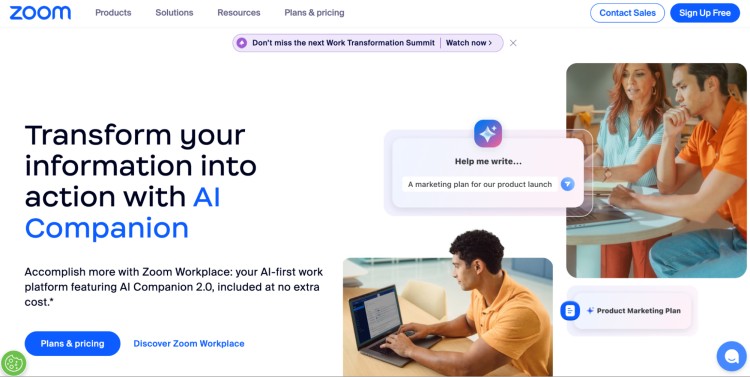 Zoom homepage showcasing AI Companion tools that help users record your podcast, write content, and organize work tasks.