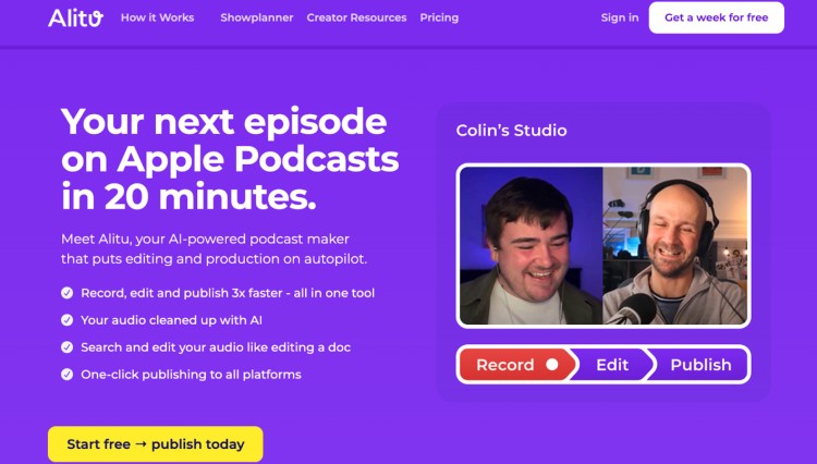 Homepage of Alitu showcasing its podcast editing interface and promise to publish to Apple Podcasts in 20 minutes.