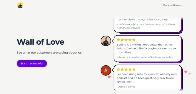 Alitu Wall of Love showing testimonials from podcasters who praise its editing speed and simplicity.