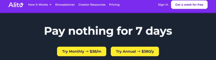 Alitu pricing banner showing 7-day free trial with options to pay $38 monthly or $380 annually.