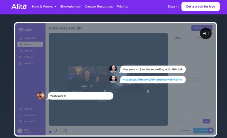 Alitu recording interface showing a chat between hosts with a link to join the recording session.