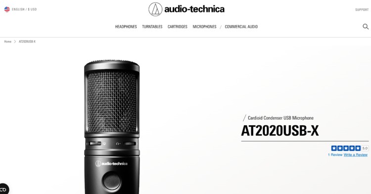 Audio-Technica AT2020USB-X microphone displayed on product page with minimal white background.