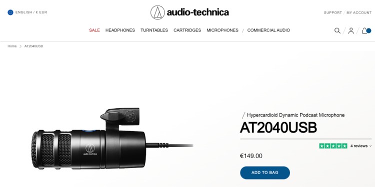 Audio-Technica AT2040 USB microphone, a highly-rated budget-friendly option for podcasting and recording, priced at €149, offering great sound and performance.
