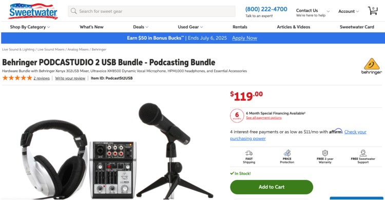 Behringer PODCASTUDIO 2 USB bundle showing multiple pieces of podcast equipment including a microphone, mixer, headphones, and stand.