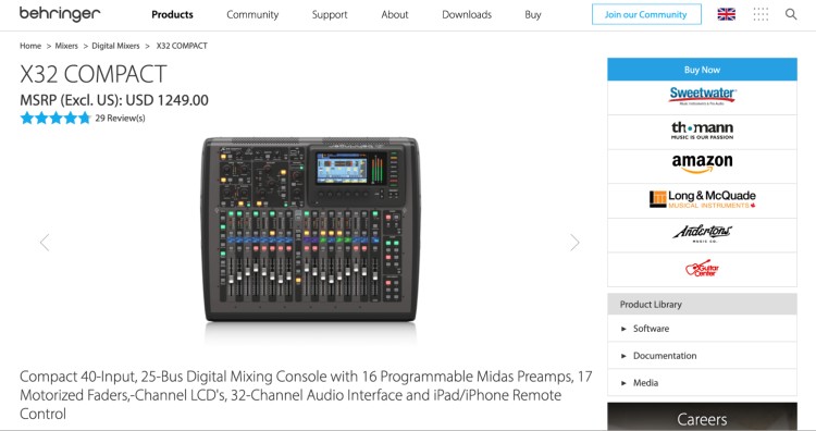 Behringer X32 Compact digital mixer featuring audio interface capabilities with 32 channels and iPad/iPhone remote control.
