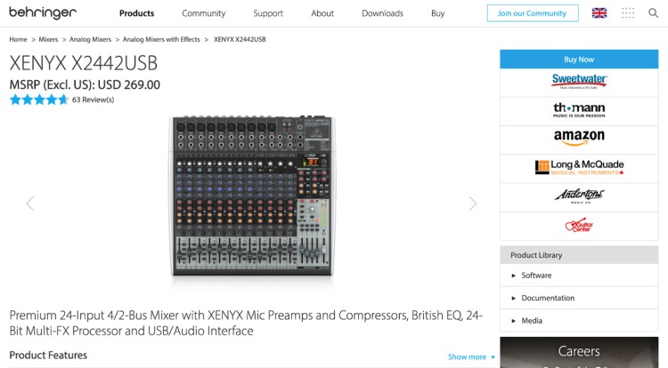 Behringer XENYX X2442USB mixer with multiple XLR and input channels shown as professional equipment for podcasts.