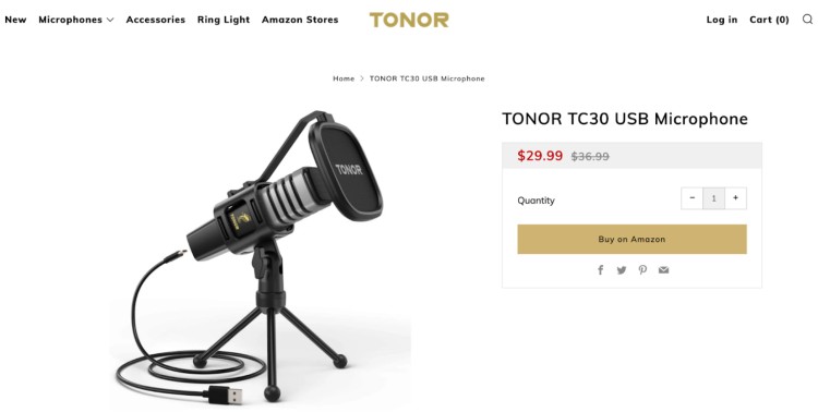 The TONOR TC30 USB microphone, a highly rated budget microphone for podcasters, priced at $29.99, offering excellent sound quality for streaming and recording.