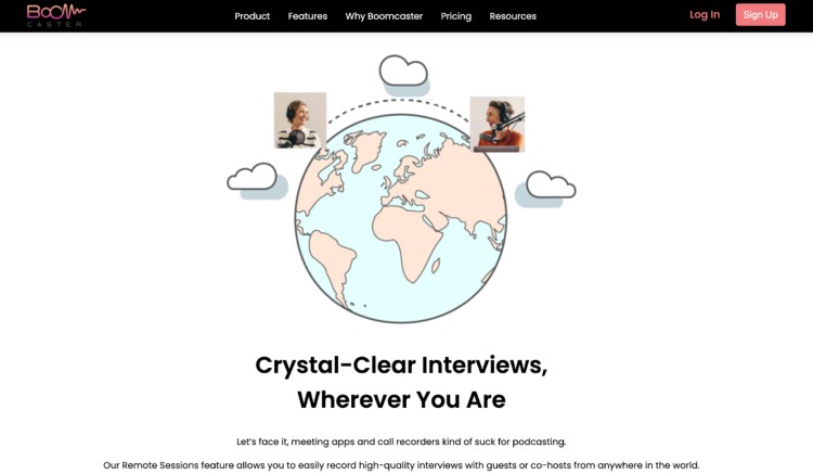 Boomcaster remote podcasting feature allowing users to record crystal-clear interviews with guests from anywhere in the world.