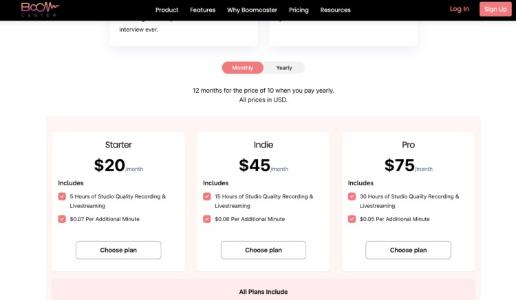 Boomcaster pricing plans showing Starter, Indie, and Pro options with studio-quality recording and livestreaming hours."