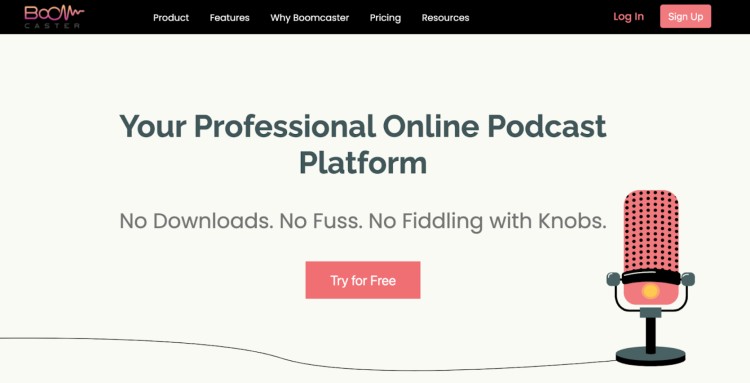 Boomcaster homepage highlighting a professional podcast platform with live streaming capabilities and no-download setup.
