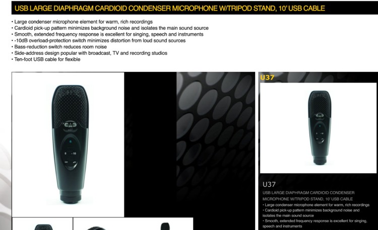 CAD U37 large diaphragm USB condenser microphone product listing featuring specifications, including cardioid pickup pattern, bass-reduction switch, and tripod stand.