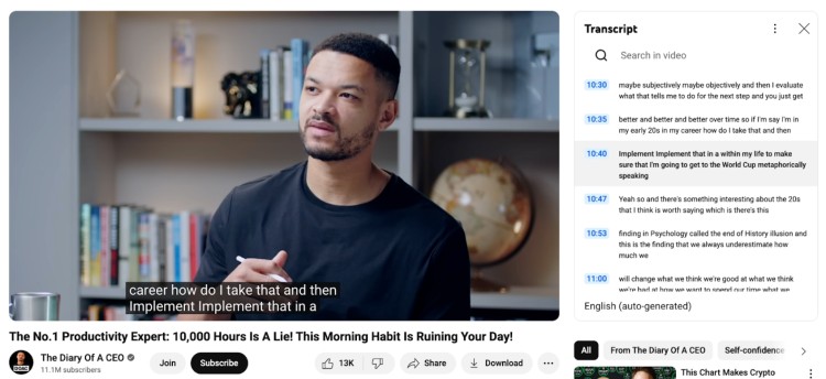 A YouTube video from The Diary of a CEO podcast where captions appear on screen during a conversation, with a full transcript visible on the right.