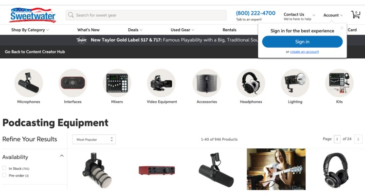 Sweetwater homepage featuring a wide selection of podcasting gear with a menu to discover the best podcast equipment including microphones, mixers, headphones, and more.