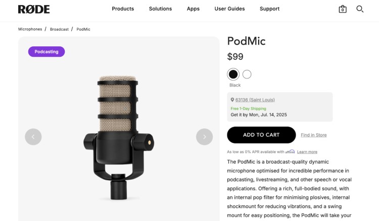 The Rode PodMic dynamic microphone, priced at $99, offering rich, full-bodied sound for podcasting and broadcasting with built-in pop filter and shockmount.