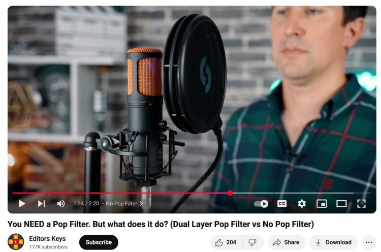 Editor’s Keys YouTube video explaining the difference between a pop filter and no pop filter for voice actors and recording.