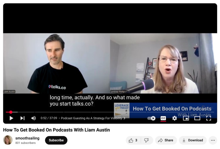 A YouTube podcast interview featuring Liam Austin and Lyndsay Phillips, with video captions displayed on-screen during their discussion about Talks.co.