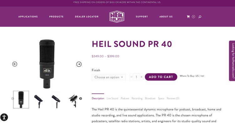 Heil PR 40 dynamic microphone product page showcasing a top-tier mic for podcasting and professional recording studio use.