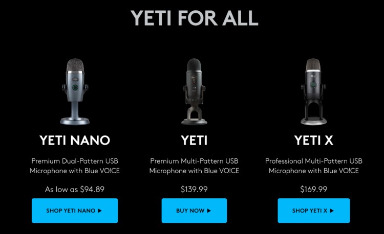 High-quality Blue Yeti microphone options including Yeti Nano, Yeti, and Yeti X models with premium USB features and Blue VO!CE technology.