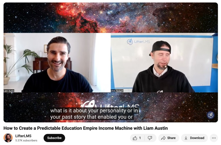 Liam Austin being interviewed by Chris Badgett on LifterLMS, sharing strategies that help listeners to make predictable income from education empires.