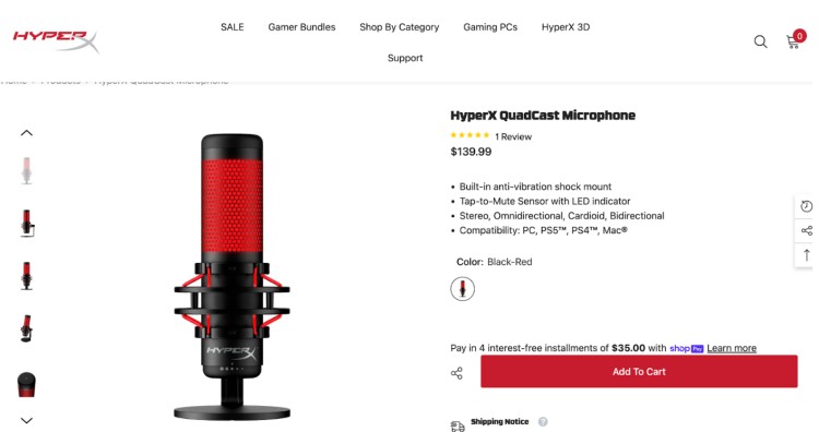 HyperX QuadCast microphone built for recording and streaming, with anti-vibration shock mount, tap-to-mute sensor, and compatibility with PC, PS5, PS4, and Mac.