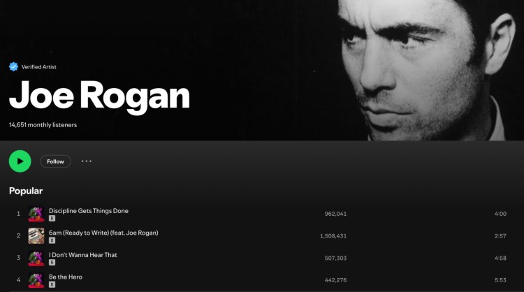 Joe Rogan’s Spotify artist page displaying his popular music tracks, highlighting his influence in both podcasts and Spotify media formats.