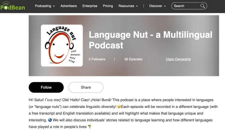 Screenshot of the Language Nut podcast on PodBean, a multilingual show offering free transcription and English translations for each episode.