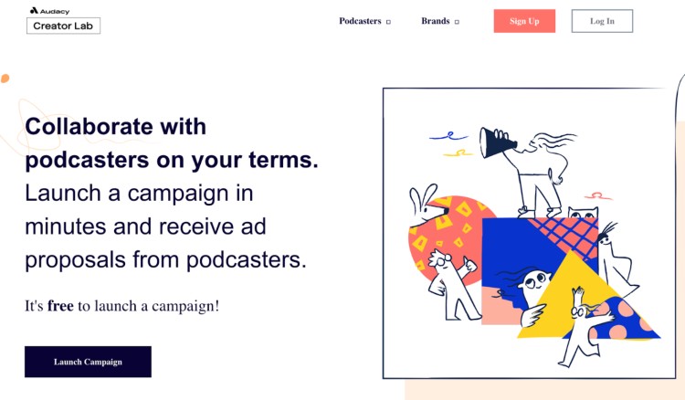 Audacy Creator Lab homepage offering tools to launch ad campaigns and collaborate with podcasts, featuring modern illustration and CTA to launch a campaign.