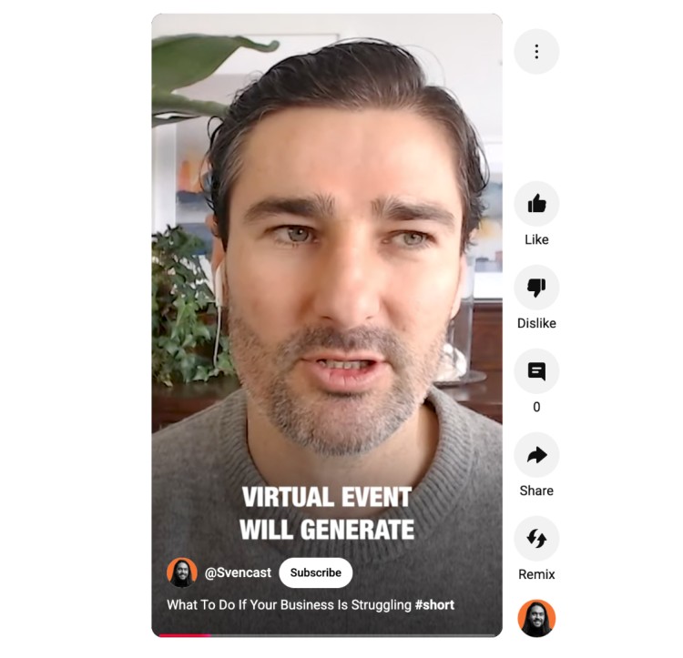 A YouTube short video with open captions showing Liam Austin sharing business advice about virtual events for struggling entrepreneurs.