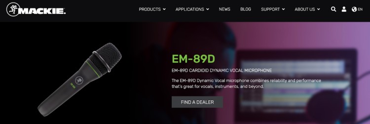 Mackie EM-89D dynamic microphone displayed with a studio background, ideal for vocals, instruments, and podcast recordings.