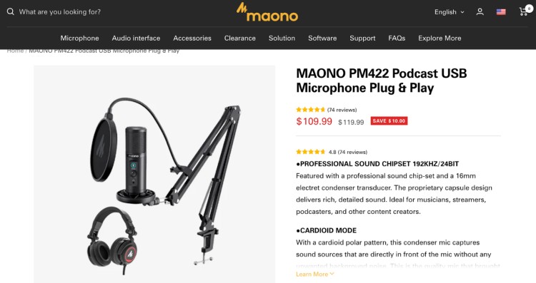 MAONO PM422 podcast USB microphone bundle, considered one of the best mic kits for beginners, includes condenser mic, boom arm, pop filter, and headphones.