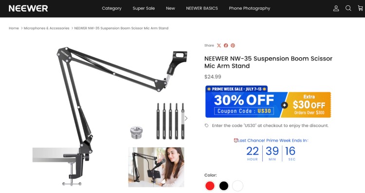 The Neewer NW-35 Suspension Boom Scissor Mic Arm Stand, priced at $24.99, making it perfect for podcasters and streamers who need an affordable, stable, and adjustable mic stand.