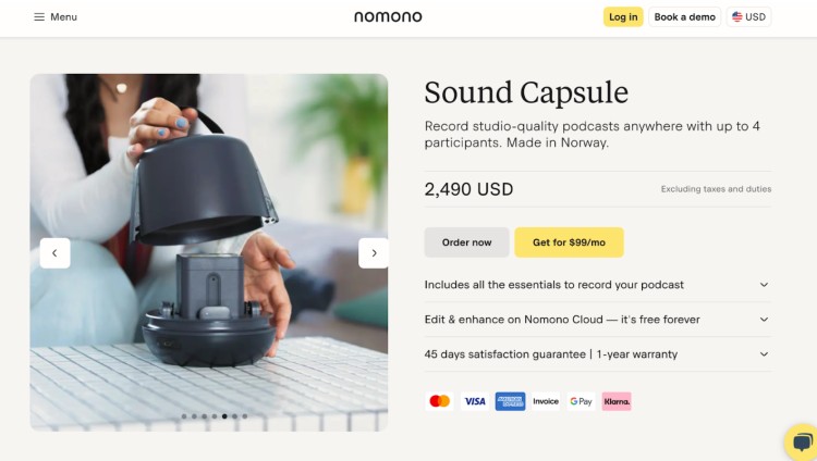 Nomono Sound Capsule being opened by a user, a wireless podcast recording kit designed for best audio quality with up to 4 participants.