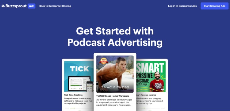 Buzzsprout Ads homepage showing how podcasts use targeted advertising to monetize their episodes.