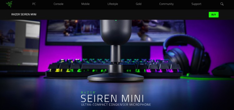 Razer Seiren Mini condenser microphone featured in a gaming setup, showcasing its ultra-compact design and ideal use for streaming or podcasting.