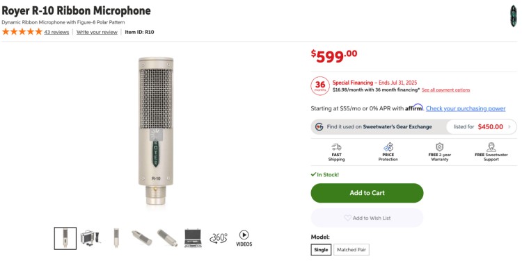 Royer R-10 ribbon microphone product listing showing price, specs, and availability, highlighting what makes it a great option for podcasters who want a vintage sound.