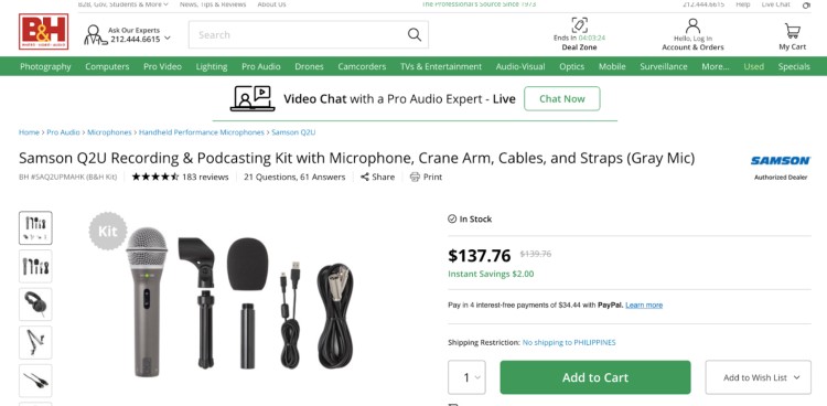 Samson Q2U recommended podcast recording kit with microphone, crane arm, pop filter, USB cables, and tripod accessories displayed on B&H product page.