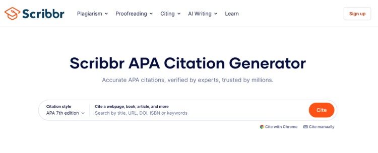 Screenshot of the Scribbr APA Citation Generator homepage, a tool for users who want to cite sources like podcasts, books, and articles using APA 7th edition.