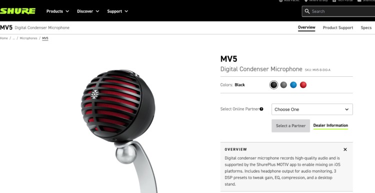 Shure MV5 digital condenser microphone with red grill and black finish displayed on product page.