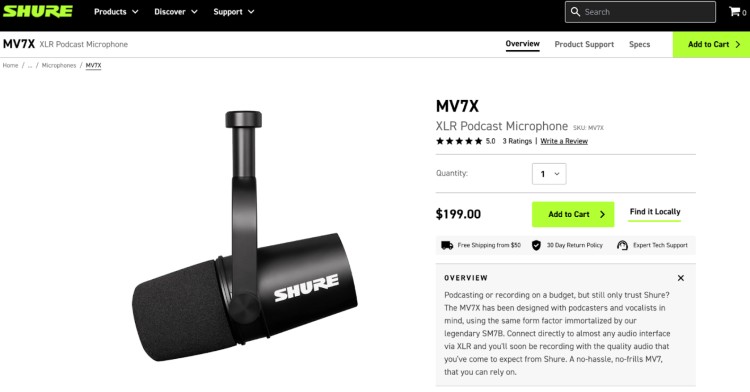 Shure MV7X podcast microphone product page highlighting features for creators on a budget, showing why this mic is best for XLR podcast recording.