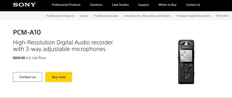 Sony PCM-A10 audio recording device with high-resolution sound and 3-way adjustable microphones.