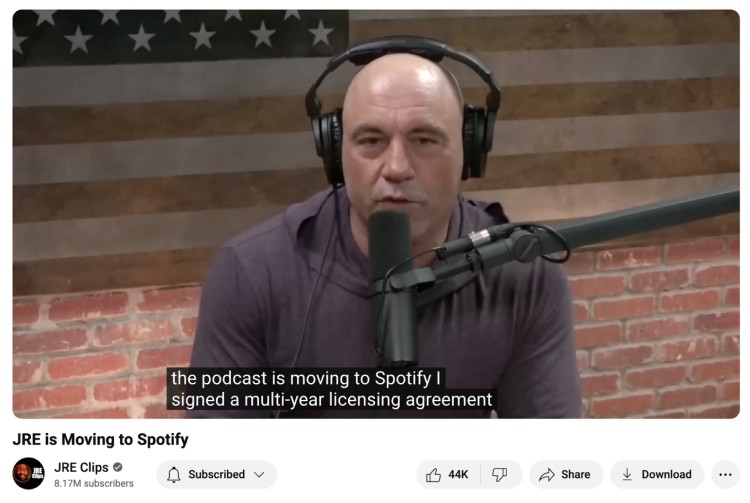 Joe Rogan announces his successful podcast is moving exclusively to Spotify as part of a multi-year licensing deal.